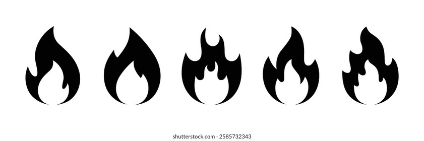 Fire icon set vector illustration in black and white color on white background. Fire flame symbol. Bonfire silhouette logotype. Flames symbols set flat style. Simple vector flame icons in flat style.