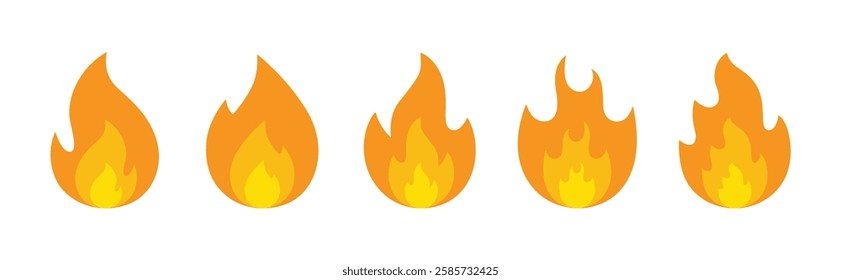 Fire icon set vector illustration on white background. Fire icon vector set. Fire flame symbol. Flame icon collection. Set of fire icons. Flame design of different shapes. Bonfire