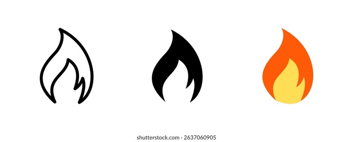 Fire icon. Simplified flame shape with curved pointed tip vector illustration. Represents heat, burning or energy source symbol. Used in hazard warnings and emergency alerts sign. Flame pictogram.