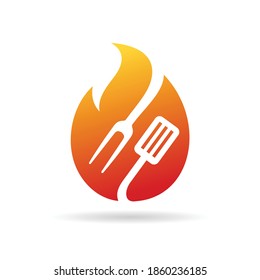 fire icon with a spatula silhouette and barbeque fork, grill logo design