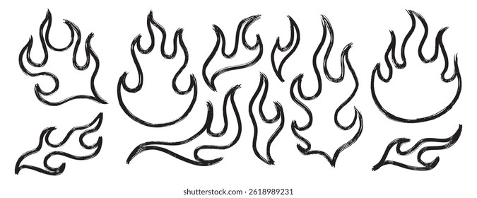 fire icon symbol grunge bush stroke doodle hand drawn set. Flame or fire drawing vector. Vector illustration
