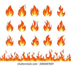 Fire icon. Vector set of fire flame emoji, flaming symbols, heat wildfire and red hot bonfire. Cartoon campfire isolated on white background. Horizontal seamless pattern of fire. Energy and power