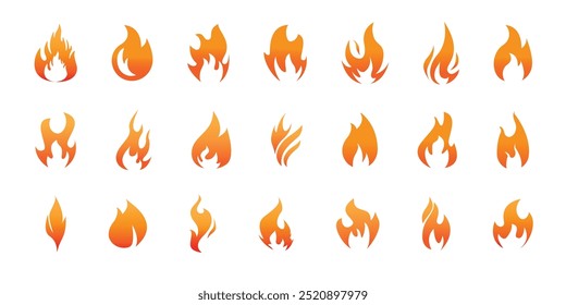 Fire icon vector set. Fire flame symbol. Flame icon collection. Set of yellow and orange fire flame.  Fire flame icon. Burning symbol. Fireball sign. Energy illustration isolated