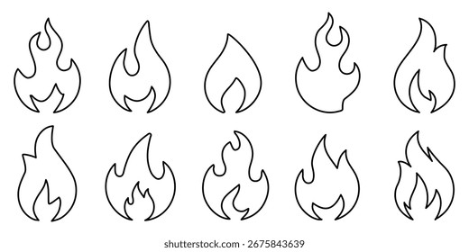 Feuersymbol, Vektorsatz. Brandflammensymbol. Flammensymbolsammlung. Feuerball und Flamme, Vektorgrafik-Symbolsatz. Symbol für Feuerflamme. Brennendes Symbol. Feuerballzeichen. Illustration der Energie. Entwurf eps 10. 