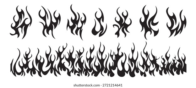 Ícone de incêndio vetor definido. Símbolo da chama de fogo. Coleção de ícones de chama. Projetos de chama abstratos, gráficos vetoriais, fundo branco, ideias de tatuagem, ilustração de vetor.