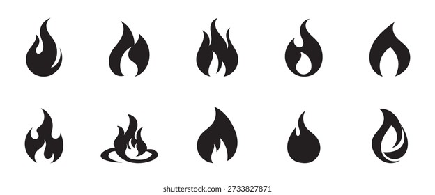 Fire icon vector set. Silhouette of  fire icon, collection.  Fireball and flame vector illustration icon set. Burning symbol. Energy vector illustration. 