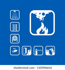 Fire Icon. White sign on the blue background. Graphic pictograms. Exclusive symbols. Set of isolated vector icons.