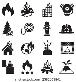 Fire Icons. Black Flat Design. Vector Illustration. 