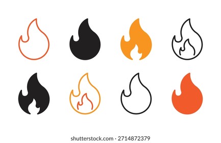 Iconos de fuego. Conjunto de iconos de hoguera. Signo colorido de la llama, símbolo. Negro, color naranja. Ilustración vectorial. Trazo editable. Aislado en un fondo blanco. Elemento de diseño plano.