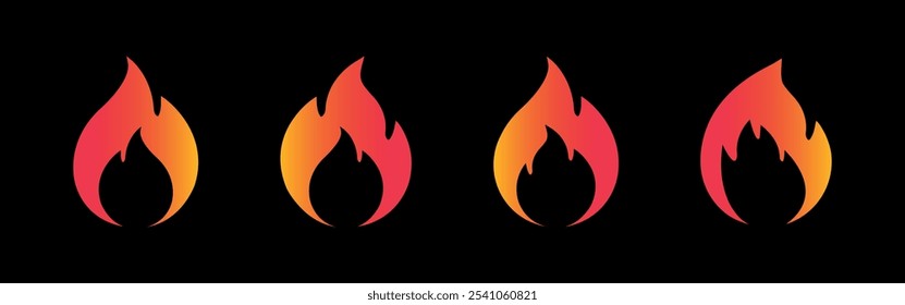 Fire Icons Collection with Gradient Vector Flat Design. Fiery, Flame, Flammable Symbols on Black Background.	Bonfire Silhouette for Logo, Corporate Style and Web.