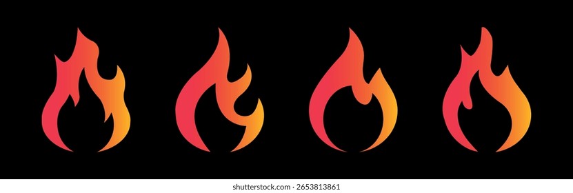 Coleção de ícones de fogo com design plano de vetor de gradiente. Fogo, Chama, símbolos inflamáveis no fundo preto. Silhueta de fogueira para logotipo, estilo corporativo e web.	