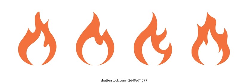 Design plano de vetor de coleção de ícones de fogo. Fogo, Chama, símbolos inflamáveis no fundo branco. Silhueta de fogueira para logotipo, estilo corporativo e web.
