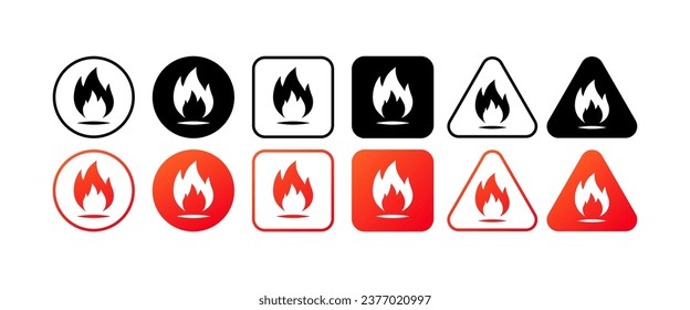 Fire icons. Different styles, fire buttons, fire icons. Vector icons