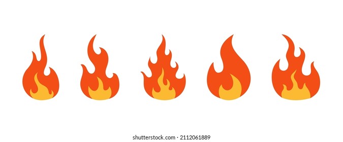 Fire icons. Flame icons. Cartoon emoji of bonfire. Symbol of fire. Hot logos. Silhouettes of burn. Vector.