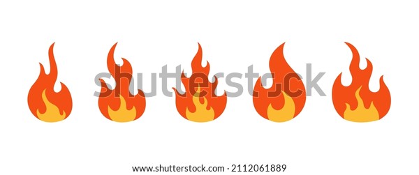 Fire icons. Flame\
icons. Cartoon emoji of bonfire. Symbol of fire. Hot logos.\
Silhouettes of burn.\
Vector.