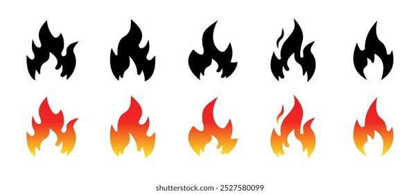 Fire icons. Fire flame icon set. Fire flames. Flame symbols. Fire silhouette. Vector illustration