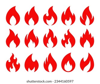 Fire icons. Hot burning flame, campfire and energy red symbols. Awesome, exciting or cool fire emoji, blaze bonfire. Fireball logo isolated vector set. Flammable elements animation