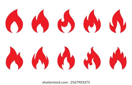 Fire icons. Hot burning flame, campfire and energy red symbols. Awesome, exciting or cool fire emoji, blaze bonfire. Fireball logo isolated vector set	