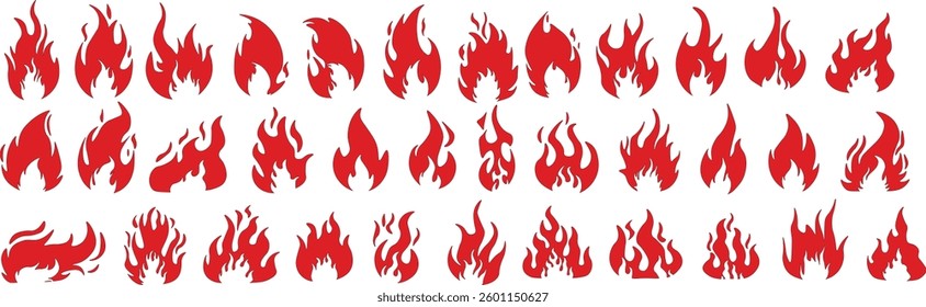 Fire icons. Hot burning flame, campfire and energy red symbols. Awesome, exciting or cool fire emoji, blaze bonfire. Fireball logo isolated vector set