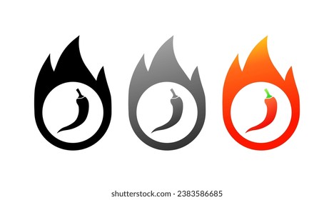 Feuersymbole mit scharfem Pfeffer. Verschiedene Stile, scharfe Pfeffer im Feuer, Feuersymbole mit scharfem Pfeffer. Vektorsymbole