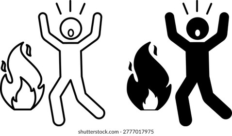 Fire icons. Line and Glyph Vector Icons. Frightened Man Calling for Help. Emergency Concept