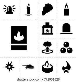 Fire icons. set of 13 editable filled fire icons such as siren, candle, bonfire, explode, fireplace, fire protection, smoke, explosion, canon ball