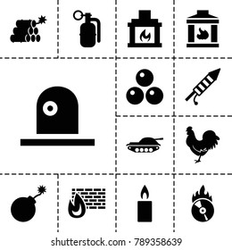 Fire icons. set of 13 editable filled fire icons such as chicken, explosion, cd fire, brick wall fire, candle, dynamite, canon ball, tank