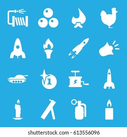 Fire icons set. set of 16 fire filled icons such as chicken, rocket, explosion, water hose, candle, siren, torch, dynamite, canon ball, cannon, tank