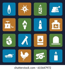 Fire icons set. set of 16 fire filled icons such as chicken, siren, candle, CD fire, flame, torch, dynamite, cannon, tank, rocket