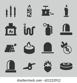 Fire icons set. set of 16 fire filled icons such as siren, water hose, candle, heart in fire, disc flame, fireplace, dynamite, smoke bomb