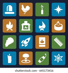 Fire icons set. set of 16 fire filled icons such as chicken, explosion, siren, firework, candle, fireplace, fire protection, smoke, rocket, bonfire, ammo