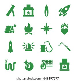 Fire icons set. set of 16 fire filled icons such as siren, explosion, blowtorch, water hose, heart in fire, fireplace, flame, rocket, dynamite, smoking can