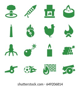 Fire icons set. set of 16 fire filled icons such as chicken, bomb, cd fire, fireworks, candle, football ball, dynamite, explosion, cannon, rocket