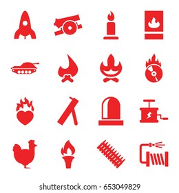 Fire icons set. set of 16 fire filled icons such as chicken, rocket, candle, water hose, heart in fire, siren, torch, dynamite, cannon, ammo