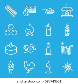 fire icons set. Set of 16 fire outline icons such as chicken, candle, water hose, fireplace, cannon, canon ball, ammo, tank, torch, explode, bonfire