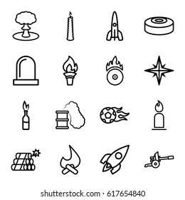 Fire icons set. set of 16 fire outline icons such as candle, CD fire, siren, rocket, dynamite, explosion, smoke bomb, smoking can, cannon, football ball, torch