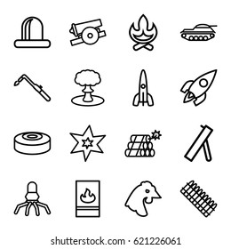 Fire icons set. set of 16 fire outline icons such as chicken, explosion, blowtorch, siren, fire protection, rocket, dynamite, smoke bomb, cannon, ammo, tank