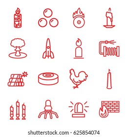 Fire icons set. set of 16 fire outline icons such as chicken, candle, siren, water hose, rocket, dynamite, explosion, smoke bomb