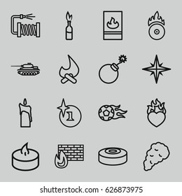 Fire icons set. set of 16 fire outline icons such as explosion, water hose, heart in fire, candle, smoke, smoke bomb, tank, dynamite