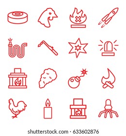 Fire icons set. set of 16 fire outline icons such as chicken, siren, explosion, blowtorch, water hose, no fire, bomb, candle, fireplace, smoke, smoke bomb, rocket