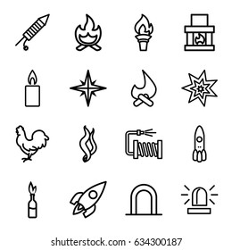 Fire icons set. set of 16 fire outline icons such as siren, chicken, water hose, fireworks, candle, smoke, rocket, bonfire, explosion, dynamite, torch