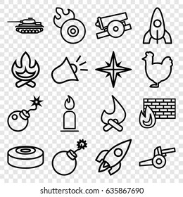 Fire icons set. set of 16 fire outline icons such as chicken, rocket, candle, explosion, disc flame, bomb, siren, smoke bomb, cannon, tank, bonfire