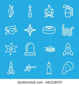 Fire icons set. set of 16 fire outline icons such as rocket, candle, explosion, water hose, smoke, siren, bonfire, dynamite, smoke bomb, cannon