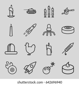 Fire icons set. set of 16 fire outline icons such as chicken, siren, disc flame, bomb, fireworks, candle, rocket, smoke bomb, cannon