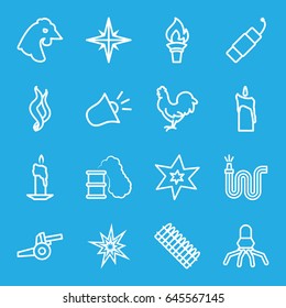 Fire icons set. set of 16 fire outline icons such as chicken, explosion, water hose, firework, candle, smoke, siren, smoking can, cannon, ammo, torch, rocket