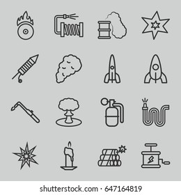 Fire icons set. set of 16 fire outline icons such as rocket, explosion, blowtorch, water hose, cd fire, fireworks, smoke, dynamite, smoking can, explode