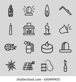 Fire icons set. set of 16 fire outline icons such as siren, blowtorch, candle, fireplace, flame, dynamite, smoking can, football ball