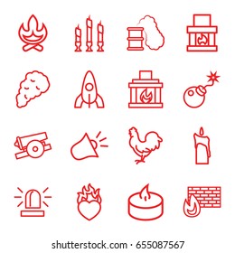 Fire icons set. set of 16 fire outline icons such as chicken, rocket, siren, heart in fire, bomb, candle, fireplace, smoke, smoking can
