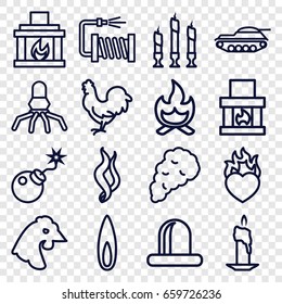 Fire icons set. set of 16 fire outline icons such as chicken, water hose, siren, heart in fire, bomb, candle, fireplace, smoke, flame, bonfire, tank