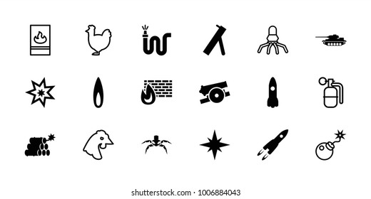 Fire icons. set of 18 editable filled and outline fire icons: water hose, rocket, flame, dynamite, explosion, cannon, tank, chicken